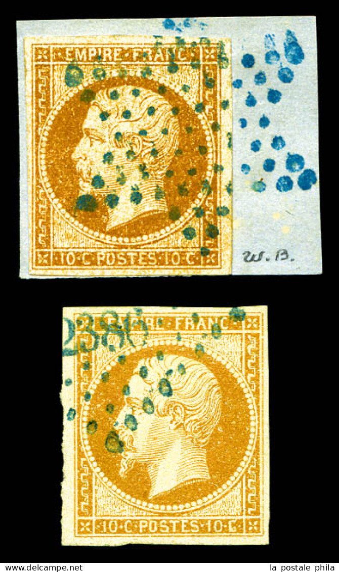 O N°13A, 10c Bistre-brun Obl étoile Bleue Sur Son Support + Exemplaire Pc 2386 Bleu. TTB  Qualité: Oblitéré  Cote: 350 E - 1853-1860 Napoleon III