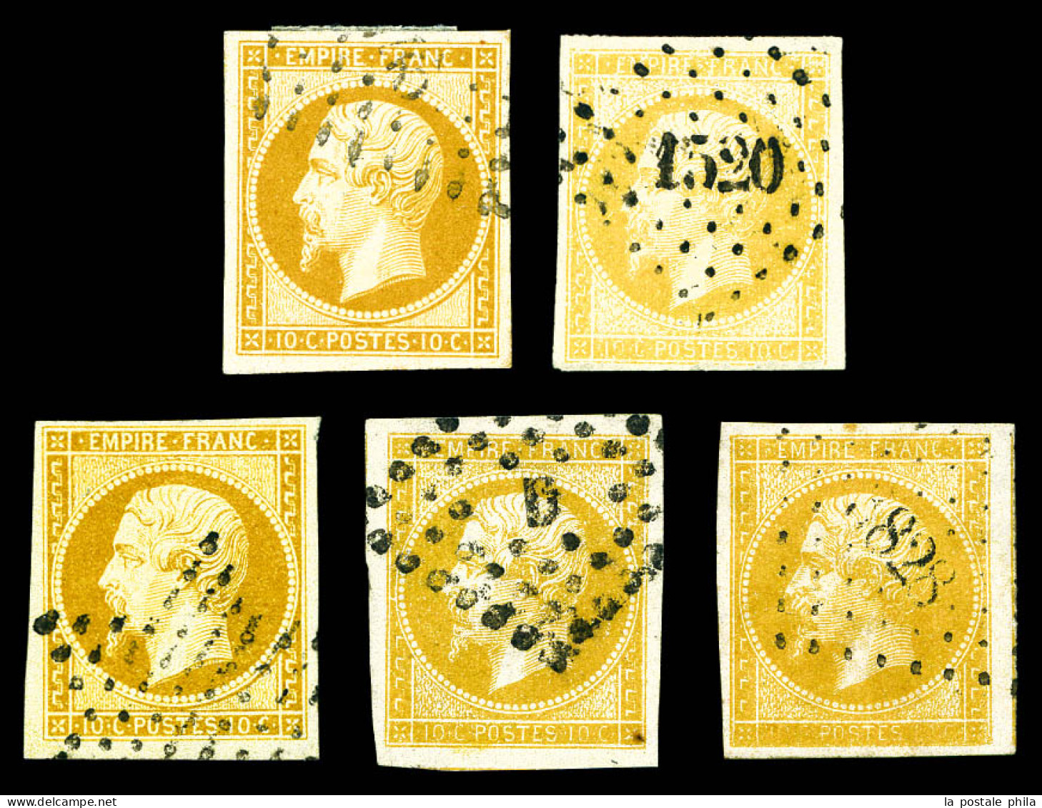 O N°13Aa, 10c Jaune-citron: 5 Exemplaires Avec Nuances Et Obl Diverses. TB  Qualité: Oblitéré  Cote: 425 Euros - 1853-1860 Napoleon III