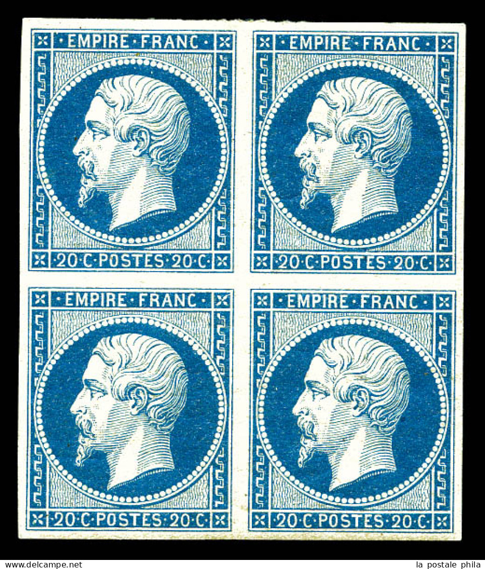 ** N°14A, 20c Bleu Type I En Bloc De 4 (2ex*), Fraîcheur Postale. SUP (certificat)  Qualité: ** - 1853-1860 Napoleon III