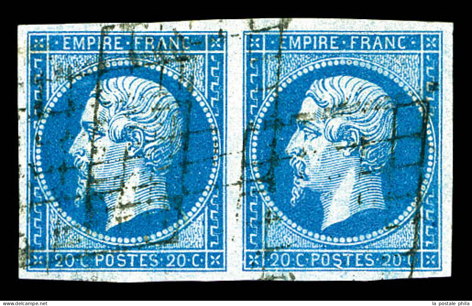 O N°14A, 20c Bleu Type I En Paire Obl Grille. TB (signé Brun)  Qualité: Oblitéré  Cote: 160 Euros - 1853-1860 Napoléon III
