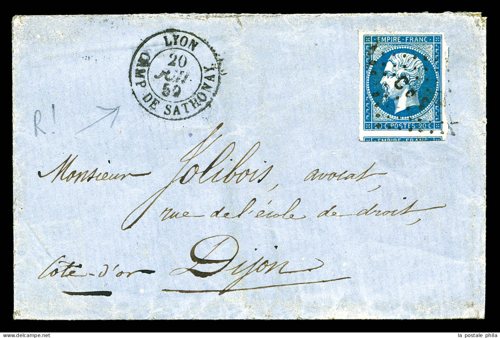 O N°14A, 20c Empire Obl Losange 'C.D.S' + Càd 'Camp De Sathonay' Du 20 Juillet 1859 Sur Lettre à Destination De Dijon (c - 1853-1860 Napoleon III