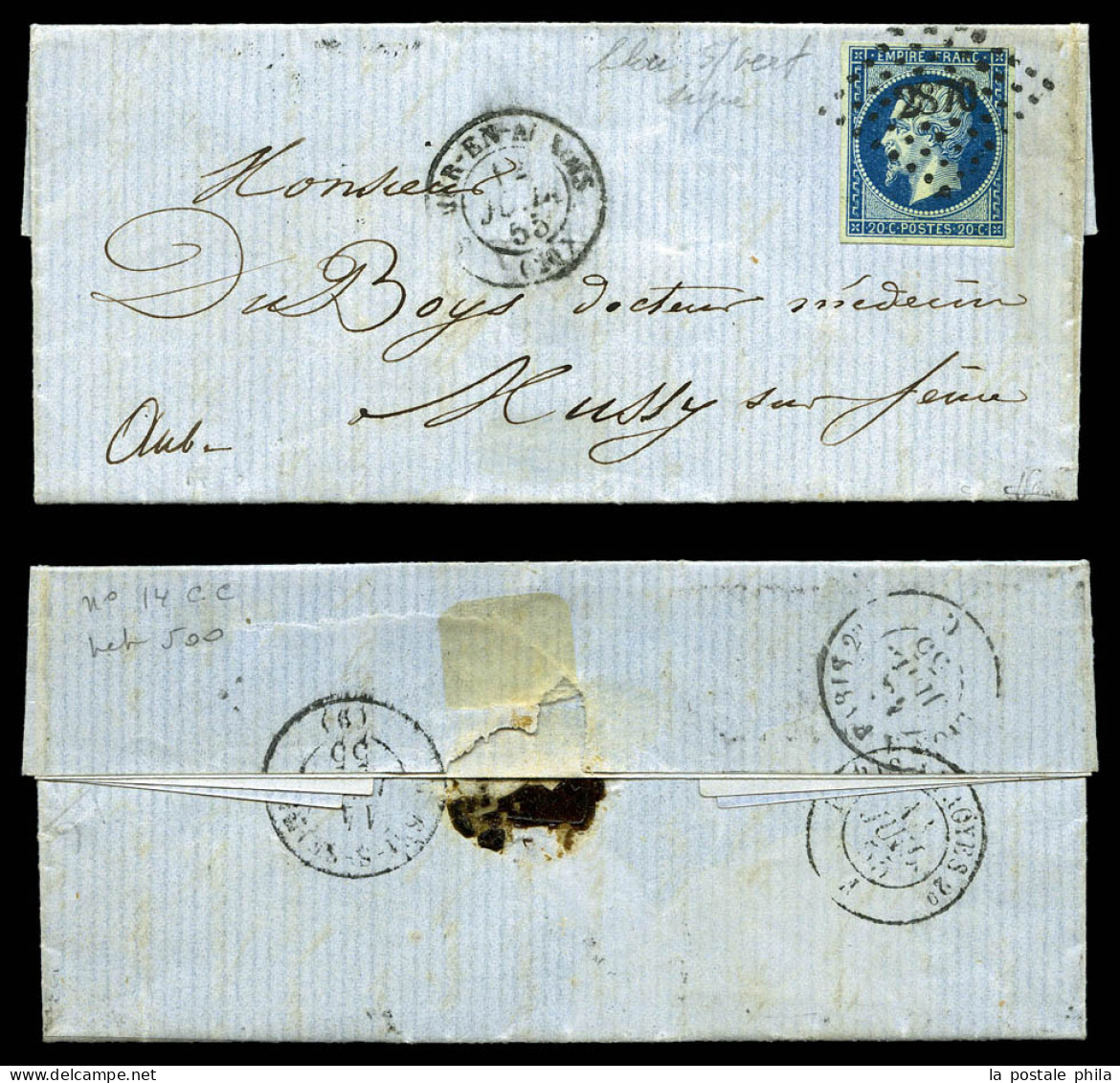 O N°14Ad/Am, 20c Bleu Foncé Sur Vert Et Bleu Sur Vert, Les 2 Lettres TTB  Qualité: Oblitéré  Cote: 775 Euros - 1853-1860 Napoleon III