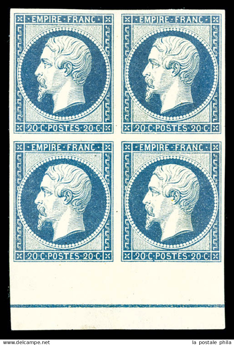 ** N°14Ai, 20c Bleu Laiteux Bord De Feuille Inférieur Avec Liseret D'encadrement (2ex*), Fraîcheur Postale, R.R.R, SUP ( - 1853-1860 Napoleon III
