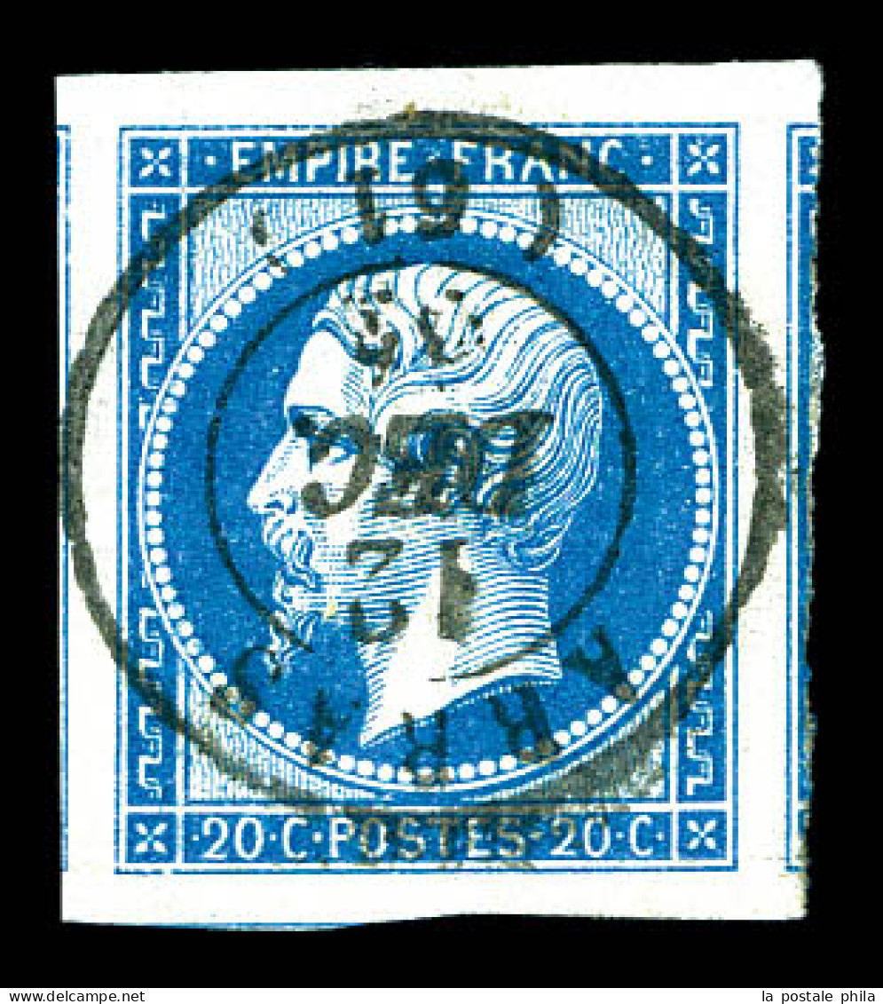 O N°14B, 20c Bleu Type II, Quatre Marges Maximales Avec Voisins, Obl Càd Centrale D'ARRAS, Pièce Choisie. SUP (certifica - 1853-1860 Napoleon III