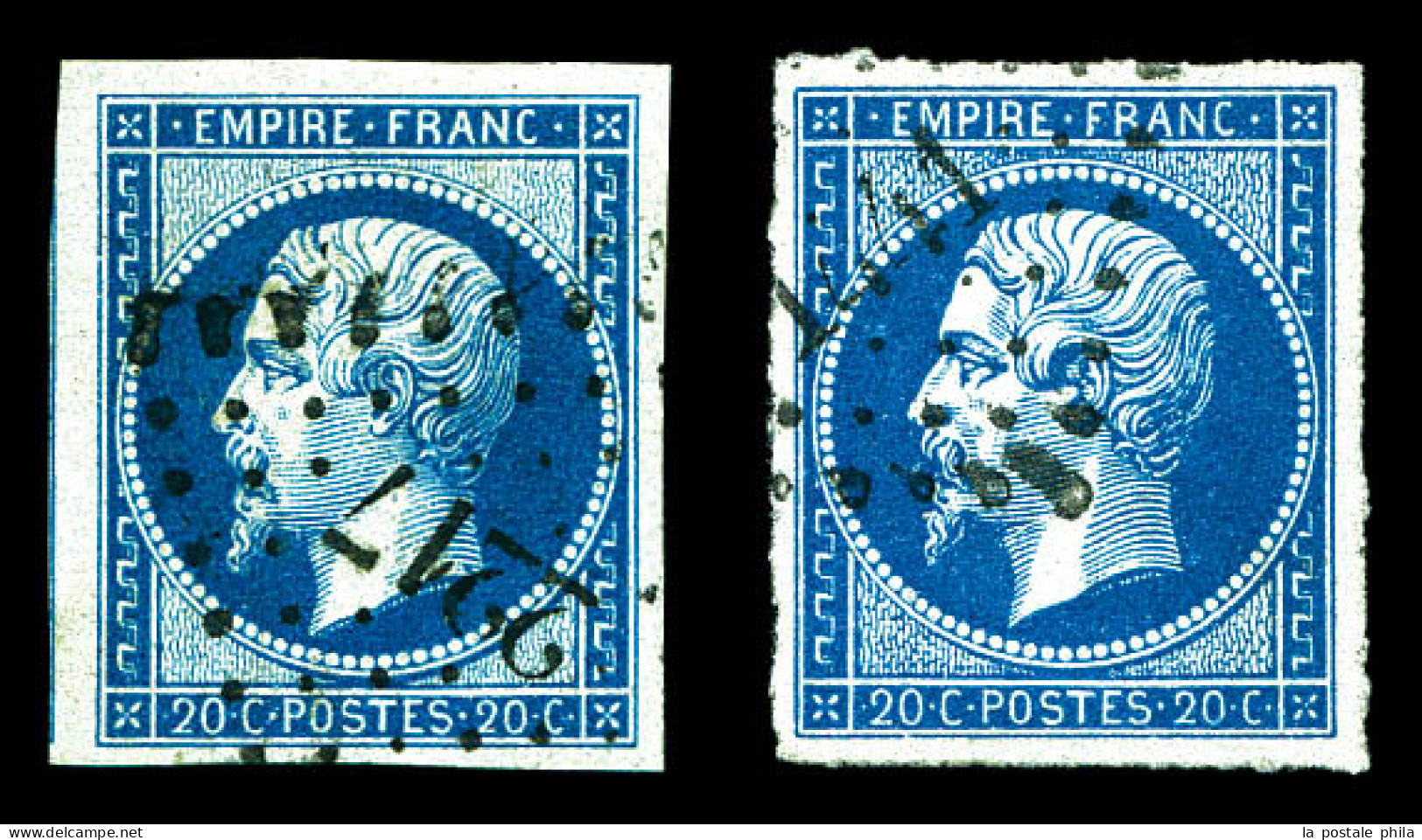 O N° 14Ad Et 14Ba, 20c Bleu Sur Vert: Exemplaire Type I Et Type II, Les 2 Exemplaires TTB  Qualité: Oblitéré  Cote: 410  - 1853-1860 Napoleon III