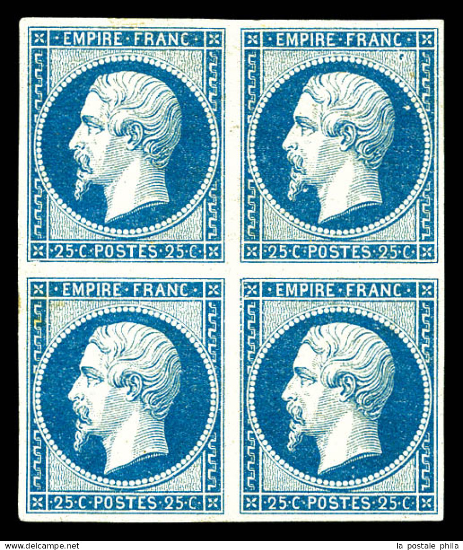 ** N°15, 25c Bleu En Bloc De Quatre (2ex*), Fraîcheur Postale. SUPERBE. R.R.R. (signé Brun/Calves/certificats)  Qualité: - 1853-1860 Napoleon III