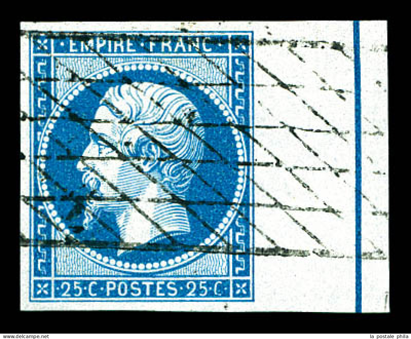 O N°15b, 25c Bleu Bord De Feuille Avec Filet D'encadrement, Obl Grille Sans Fin, SUPERBE (signé/certificat)  Qualité: Ob - 1853-1860 Napoléon III.