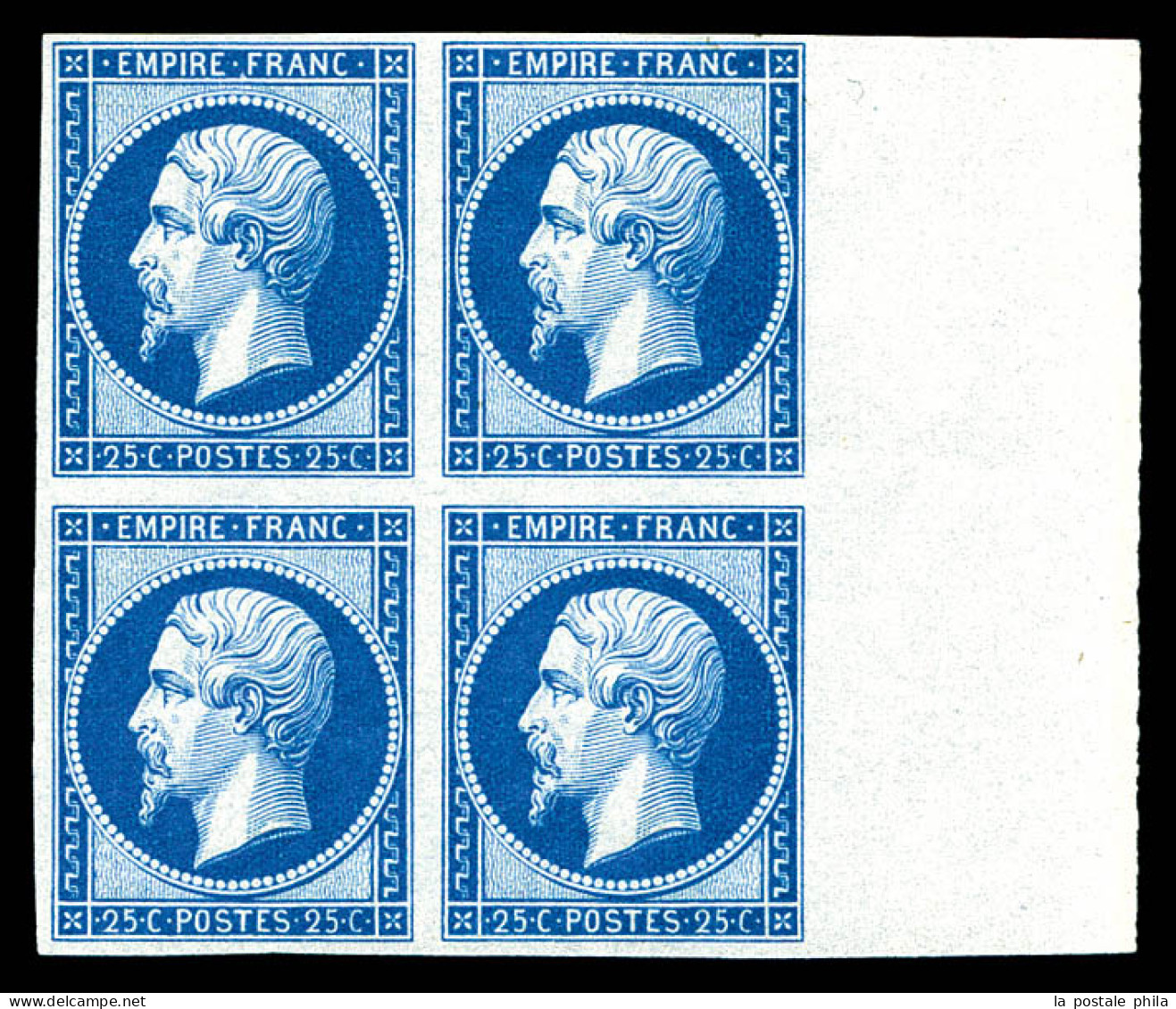 ** N°15c, 25c Bleu, Impression De 1862 En Bloc De Quatre (1ex*), Grand Bord De Feuille Latéral, FRAICHEUR POSTALE. SUPER - 1853-1860 Napoléon III.