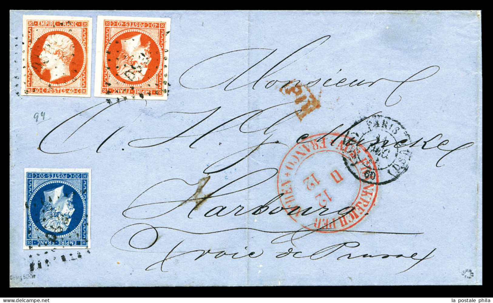 O Empire 20c Bleu + 40c Orange (N°14 Et 16 X 2) Obl 'DS3' + Càd PARIS 60 Sur Lettre Du 11 Dec 1856 Pour HARBOURG. TTB. R - 1849-1876: Klassik