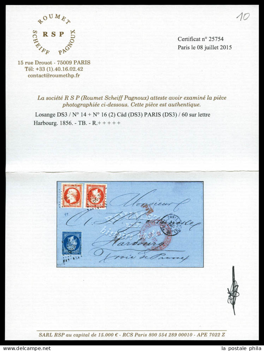 O Empire 20c Bleu + 40c Orange (N°14 Et 16 X 2) Obl 'DS3' + Càd PARIS 60 Sur Lettre Du 11 Dec 1856 Pour HARBOURG. TTB. R - 1849-1876: Klassik