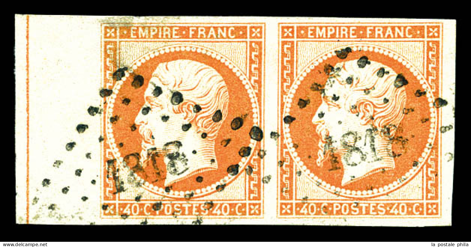 O N°16c, 40c Orange Obl Pc '1818' En Paire Bord De Feuille Avec Filet D'encadrement, R.R.R, SUP (signé/certificat)  Qual - 1853-1860 Napoléon III.