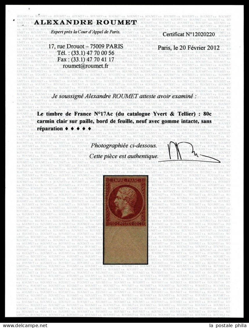 ** N°17Ac, 80c Carmin-clair Sur Paille, Bas De Feuille, Fraîcheur Postale. SUP. R. (signé Calves/Certificats)  Qualité: - 1853-1860 Napoleon III