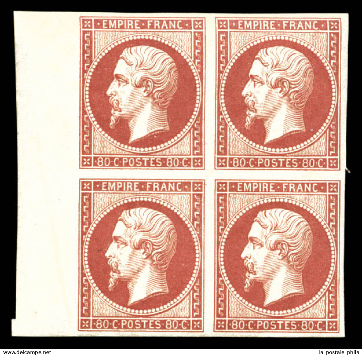 ** N°17Ah, 80c Carmin-rose, Impression De 1862 En Bloc De Quatre Bord De Feuille Latéral Gauche, Fraîcheur Postale, SUPE - 1853-1860 Napoléon III.