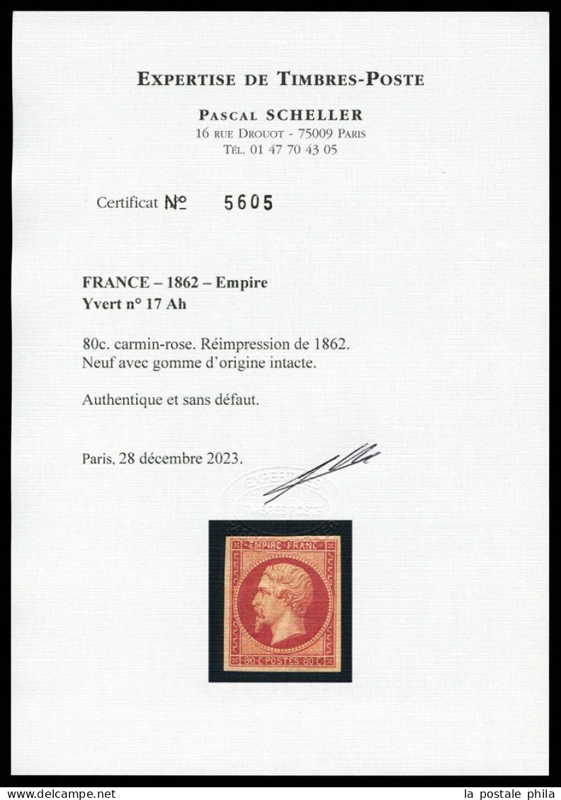 ** N°17Ah, 80c Carmin, Impression De 1862, Fraîcheur Postale. SUPERBE. R. (certificats)  Qualité: ** - 1853-1860 Napoleone III