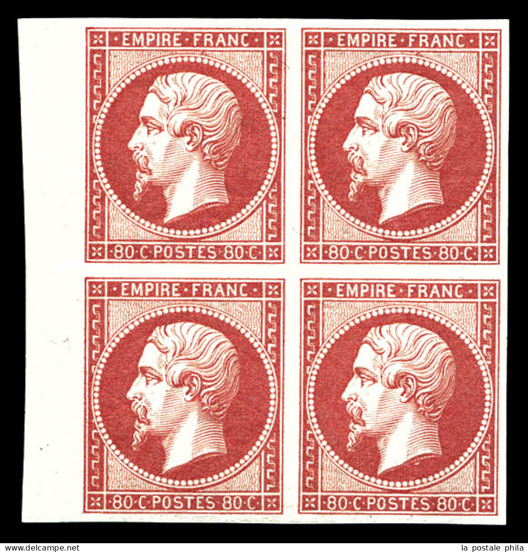 ** N°17B, 80c Rose-vif En Bloc De Quatre Bord De Feuille Latéral, Fraîcheur Postale. SUPERBE. R.R.R (signé Calves/certif - 1853-1860 Napoleone III