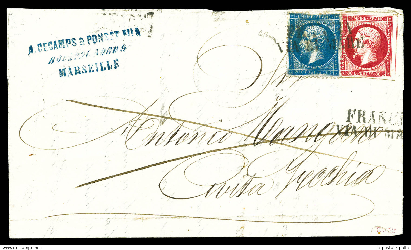 O 1863, 80c Empire Non Dentelé Et 20c Dentelé Sur Lettre Double Port à Destination De CIVITA-VECCHIA Obl 'FRANCIA VIA DE - 1849-1876: Klassik