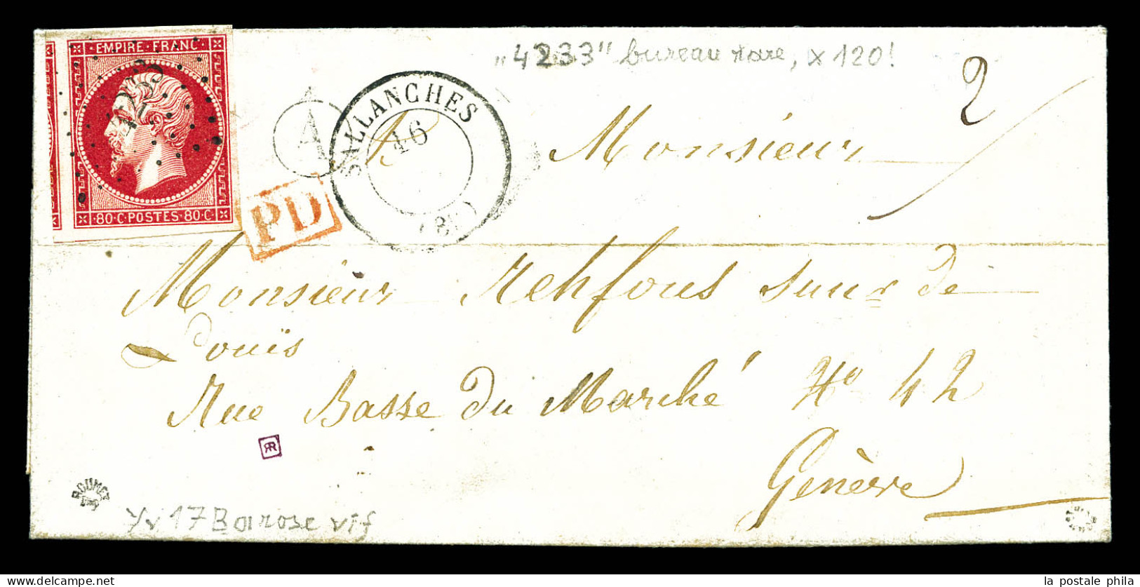 O N°17Ba, 80c Rose-vif Grandes Marges Avec Voisin Obl Pc '4233' De SALLANCHES (bureau Rare!) Sur Lettre Pour GENEVE. SUP - 1849-1876: Klassik