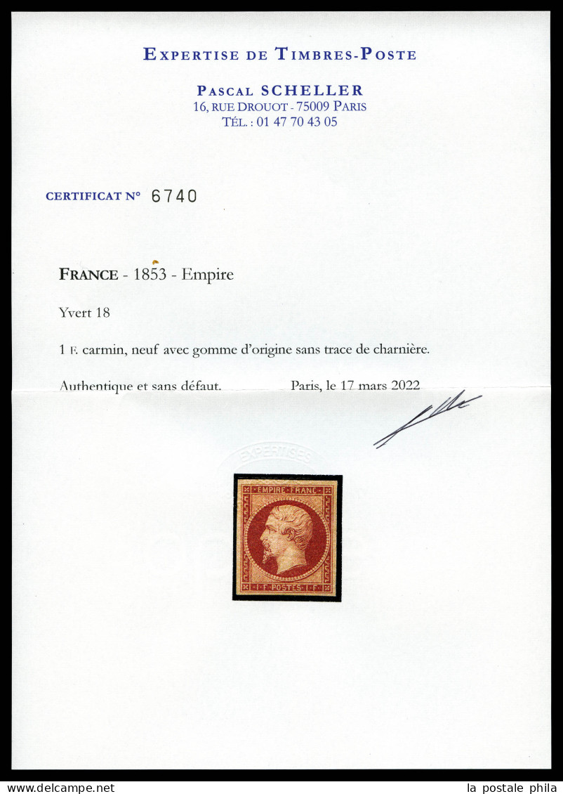 ** N°18, 1F Carmin, Fraîcheur Postale. SUPERBE. R.R. (certificats)  Qualité: ** - 1853-1860 Napoleon III
