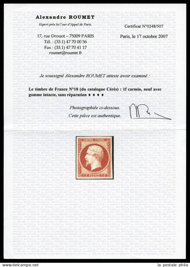 ** N°18, 1f Carmin, Timbre D'une Grande Fraîcheur, Deux Points De Gomme Sans Importance. SUP. R. (signé Calves/Margues/c - 1853-1860 Napoléon III.