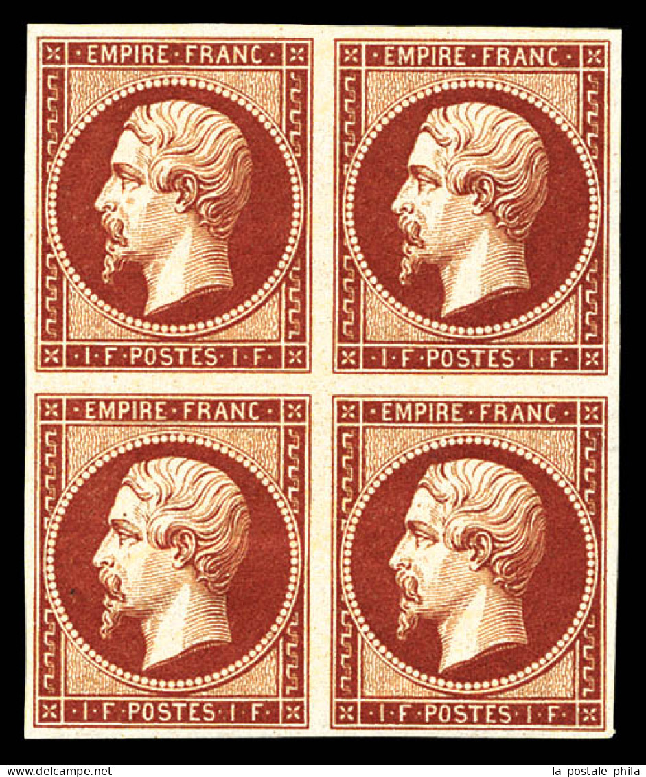 * N°18d, 1F Carmin Impression De 1862 En Bloc De Quatre (1ex**), Fraîcheur Postale, SUPERBE, R.R.R. (signé Calves/certif - 1853-1860 Napoléon III.