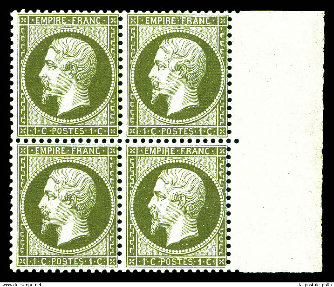 ** N°19, 1c Vert-olive, Bloc De Quatre Bord De Feuille Latéral (1ex*), Fraîcheur Postale. SUPERBE (certificat)  Qualité: - 1862 Napoléon III