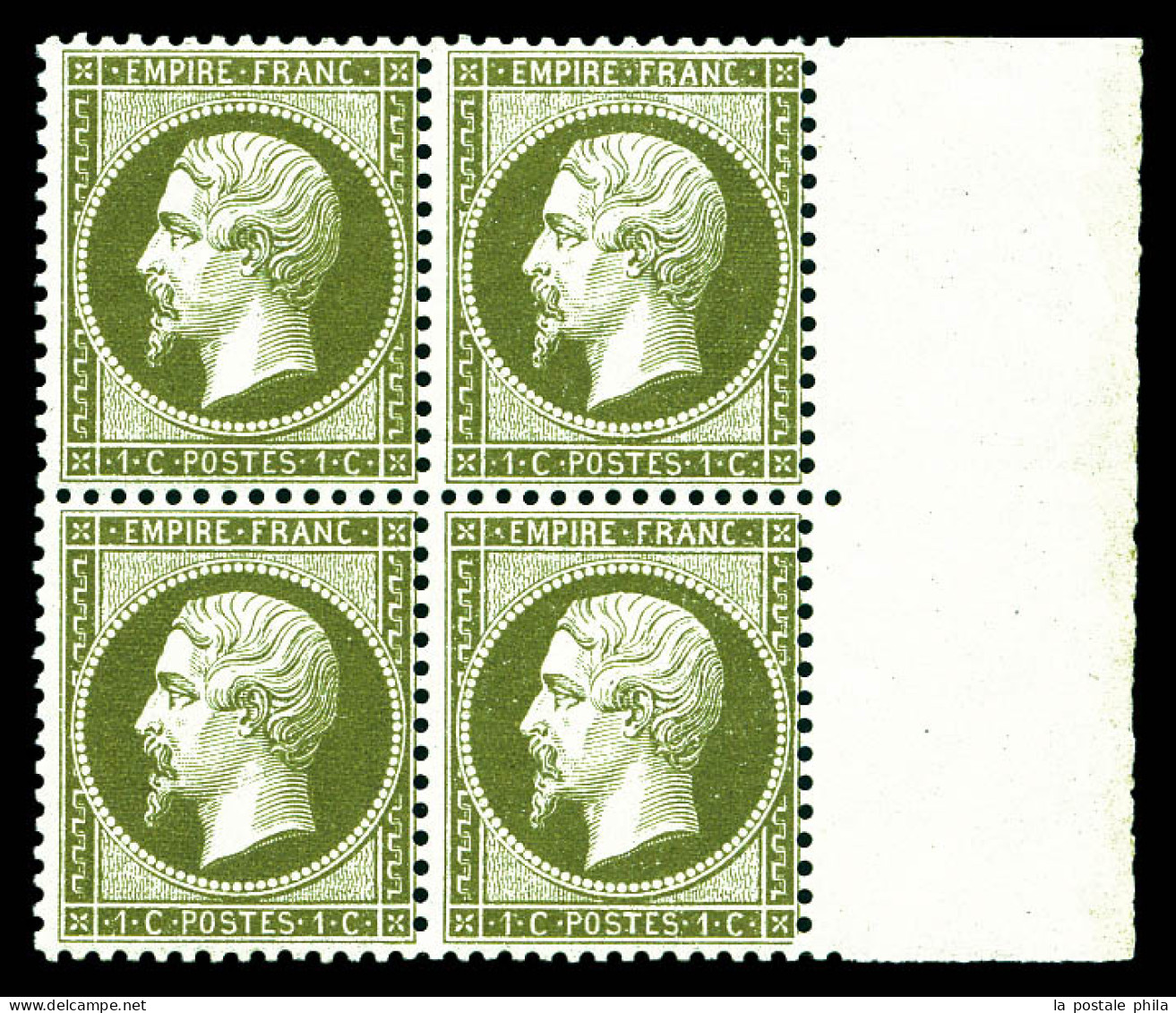 ** N°19, 1c Vert-olive, Bloc De Quatre Bord De Feuille Latéral (1ex*), Fraîcheur Postale. SUPERBE (certificat)  Qualité: - 1862 Napoléon III.