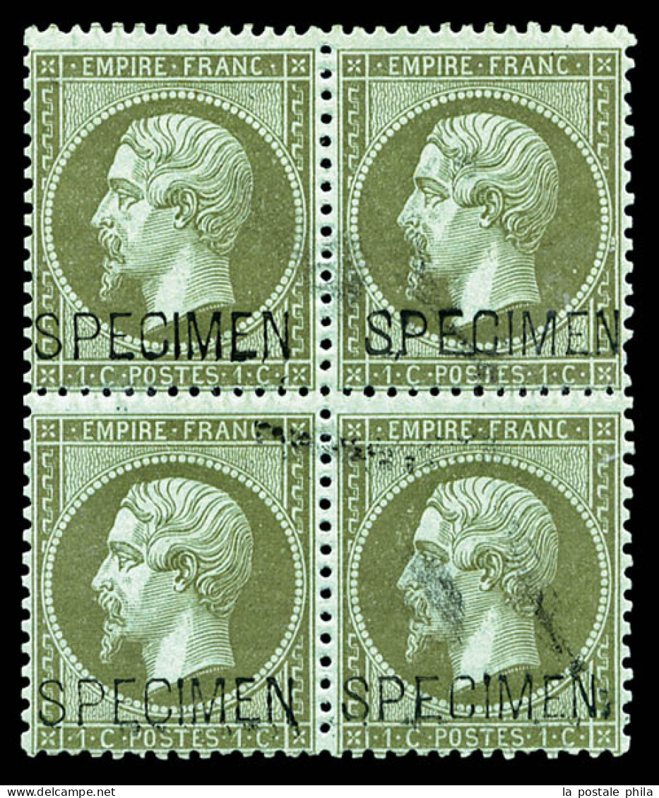 ** N°19f, 1c Vert-olive Surchargé 'SPECIMEN' En Bloc De Quatre, Fraîcheur Postale, R.R. SUP (certificat)  Qualité: ** - 1862 Napoléon III.