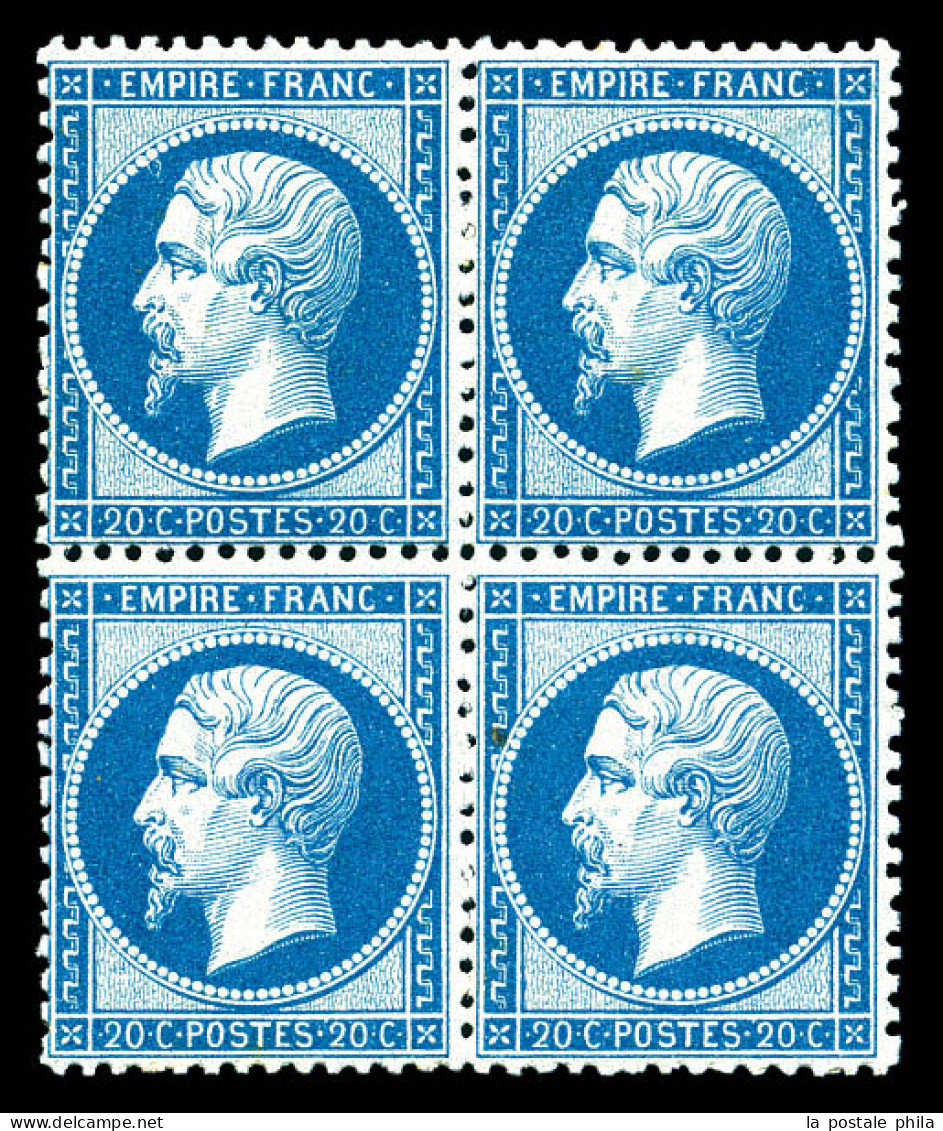 ** N°22, 20c Bleu En Bloc De Quatre Bord De Feuille, Fraîcheur Postale. SUP (signé Calves/certificats)  Qualité: ** - 1862 Napoléon III.