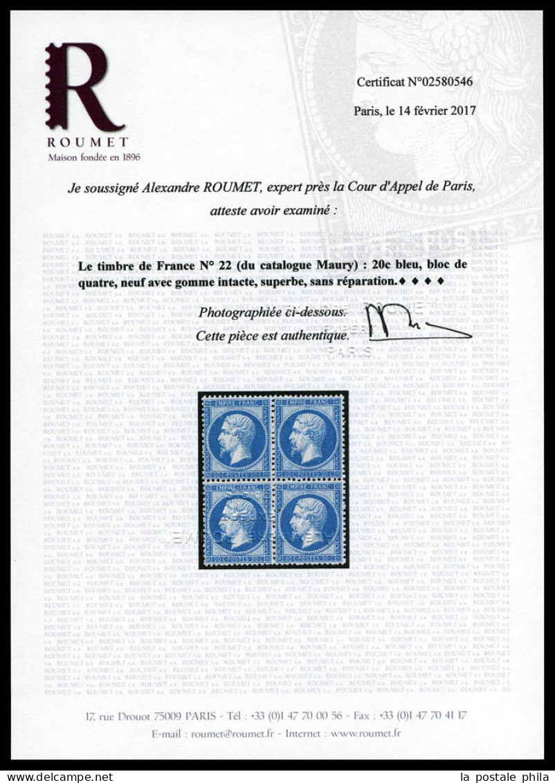 ** N°22, 20c Bleu En Bloc De Quatre Bord De Feuille, Fraîcheur Postale. SUP (signé Calves/certificats)  Qualité: ** - 1862 Napoléon III