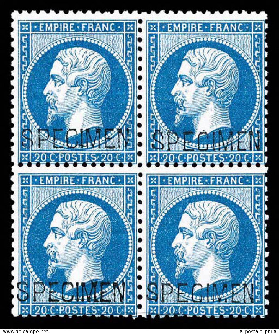 ** N°22d, 20c Bleu En Bloc De Quatre Surchargé 'SPECIMEN', FRAÎCHEUR POSTALE, RARE ET SUPERBE (signé Brun/certificat)  Q - 1862 Napoleon III