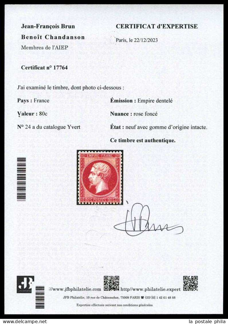 ** N°24a, 80c Rose-foncé, Très Bon Centrage, Fraîcheur Postale. SUP (certificats)  Qualité: ** - 1862 Napoléon III.