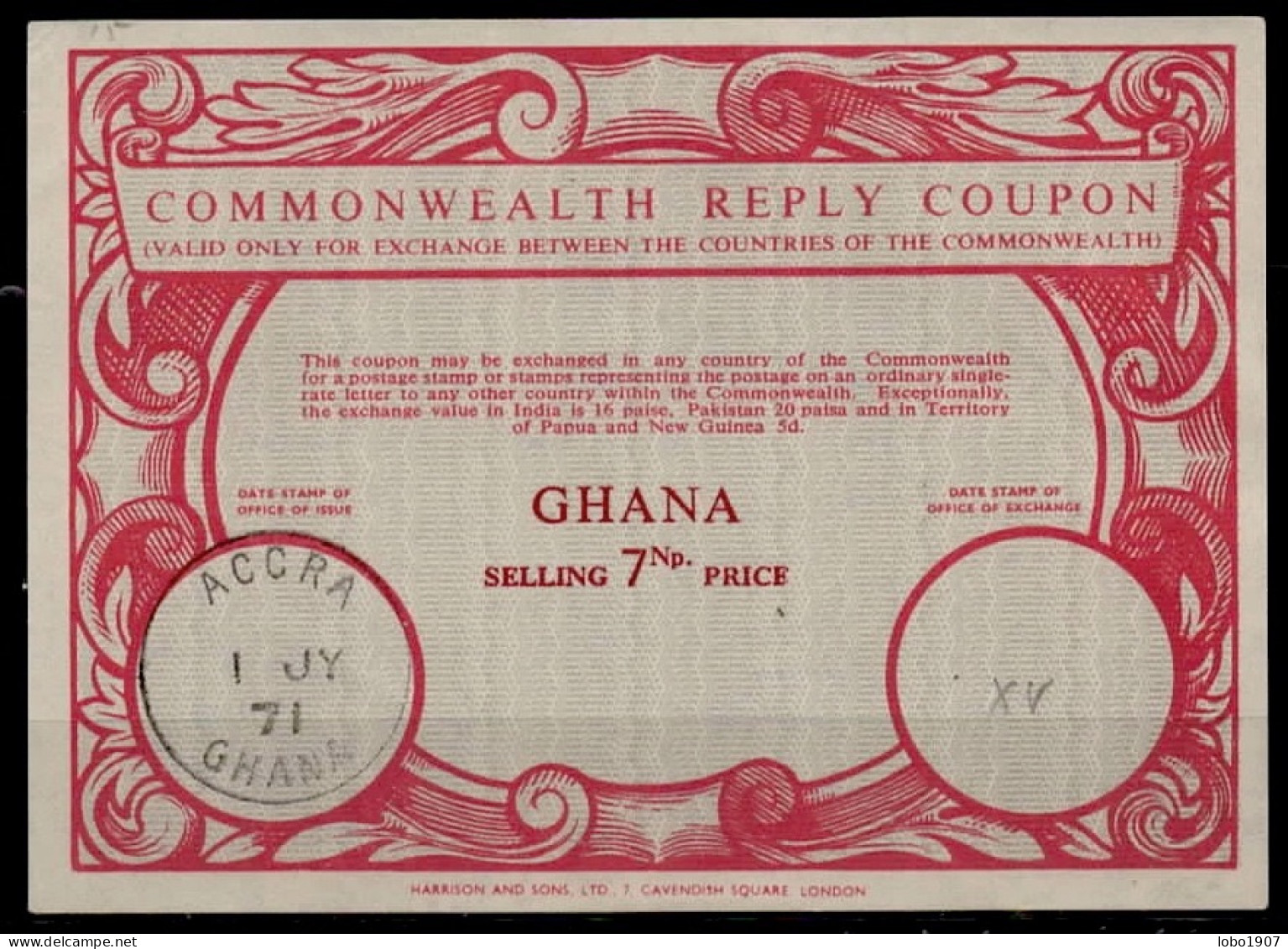 GHANA / CÔTE D'OR GOLD COAST  Co15  7Np.  Commonwealth Reply Coupon Reponse Antwortschein IRC IAS  ACCRA 01.07.71 - Goudkust (...-1957)