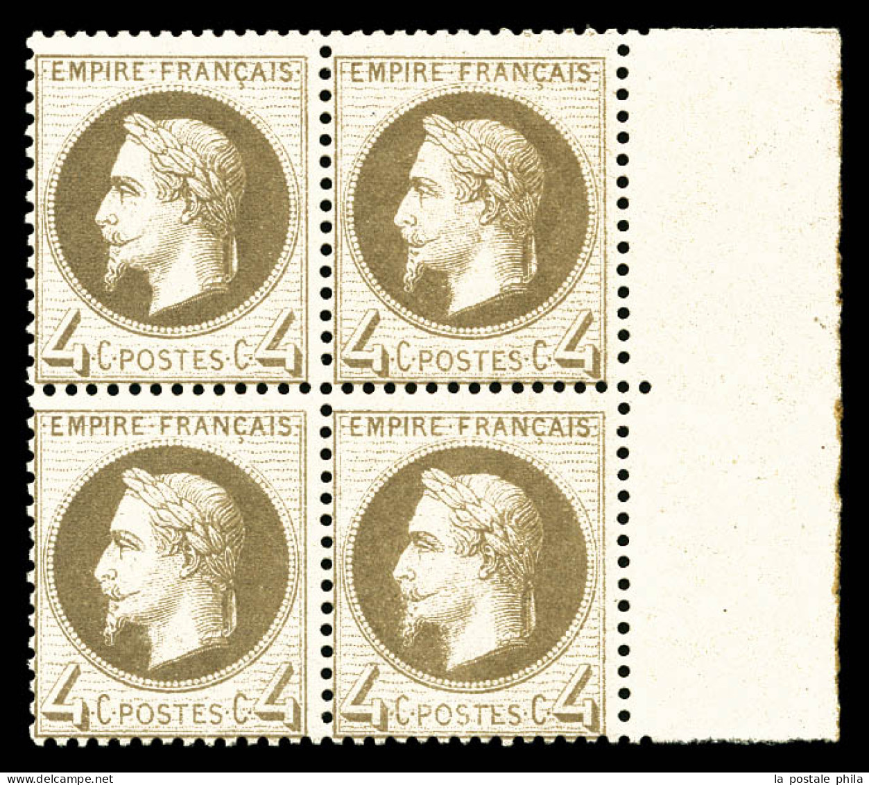 ** N°27B, 4c Gris Type II En Bloc De Quatre Bord De Feuille Latéral, Fraîcheur Postale, TTB (certificat)  Qualité: ** - 1863-1870 Napoleon III With Laurels