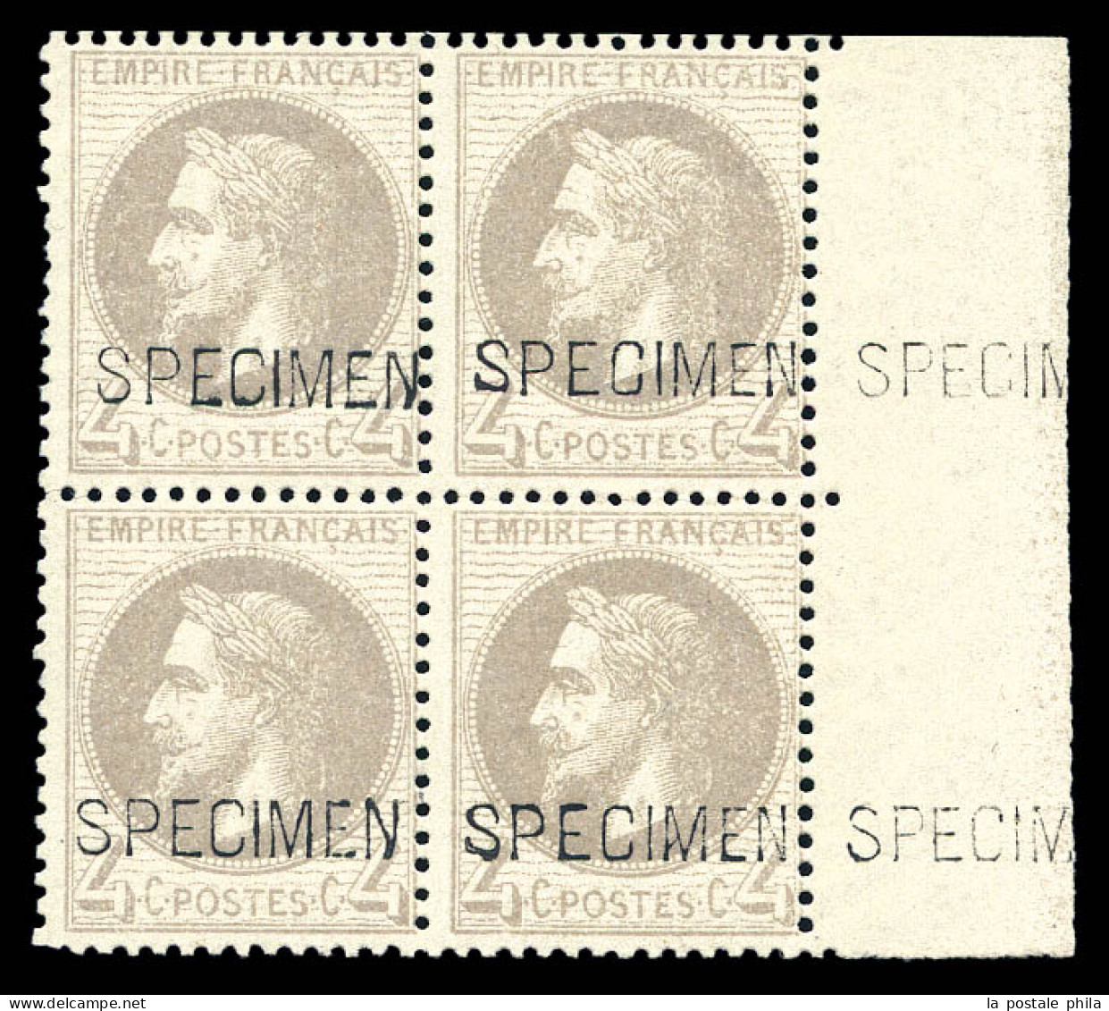 ** N°27Bf, 4c Gris Surchargé 'SPECIMEN' En Bloc De Quatre Bdf (2ex*). SUP (signé Brun/certificat)  Qualité: ** - 1863-1870 Napoleon III With Laurels