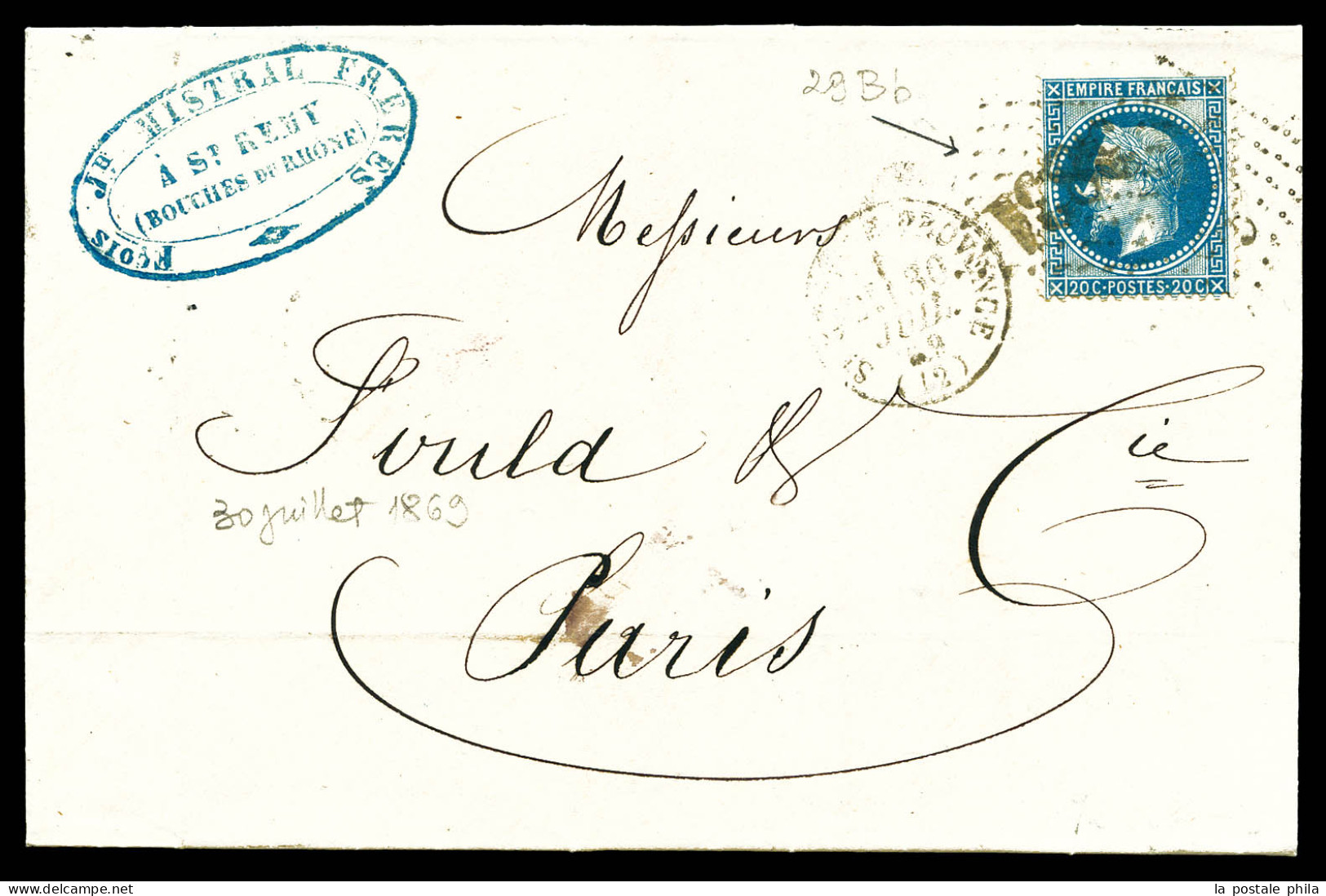 O N°29Bb, 20c Bleu Type II: Variété à La Corne Obl GC 3831 Sur Lettre De SALON DE PROVENCE. TB  Qualité: Oblitéré  Cote: - 1849-1876: Classic Period