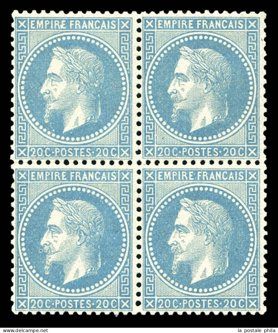 ** N°29Bf, 20c Bleu Pâle Type II En Bloc De Quatre, Très Bon Centrage, Fraîcheur Postale. SUPERBE (signé Calves/certific - 1863-1870 Napoléon III Con Laureles