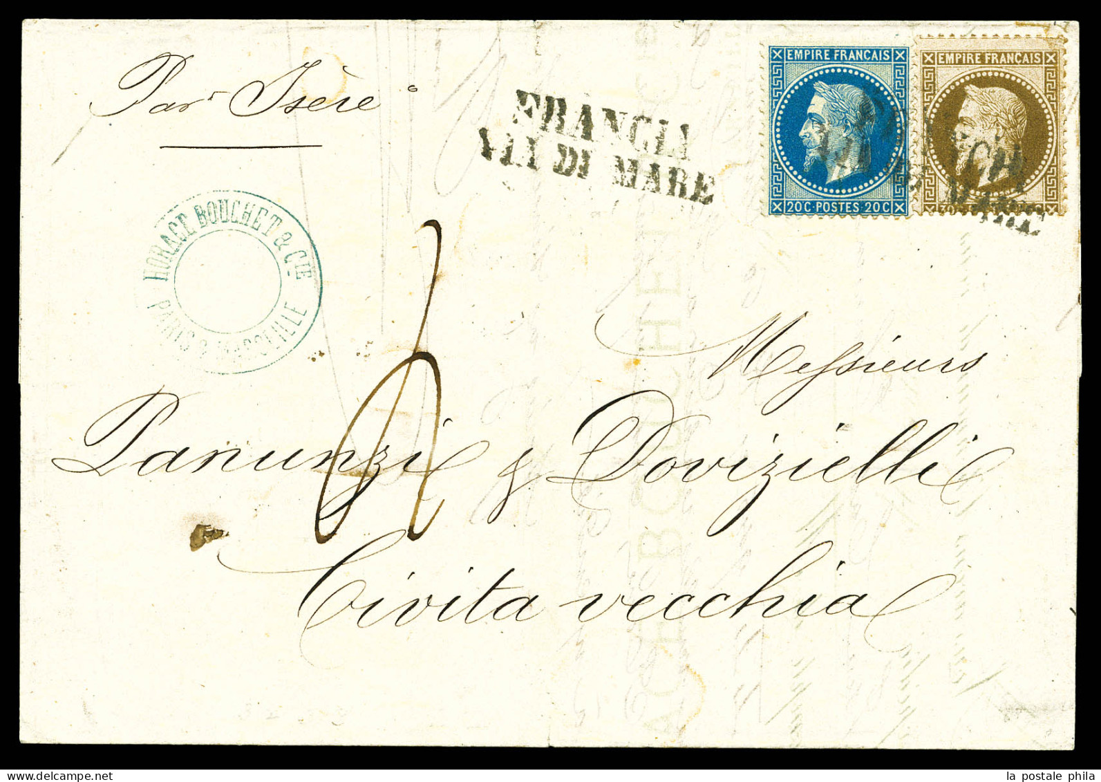 O Afft Composé à 50c: 20c + 30c Empire Lauré Sur Lettre à Destination De CIVITA-VECCHIA Obl 'FRANCIA VIA DE MARE'. SUPER - 1849-1876: Classic Period