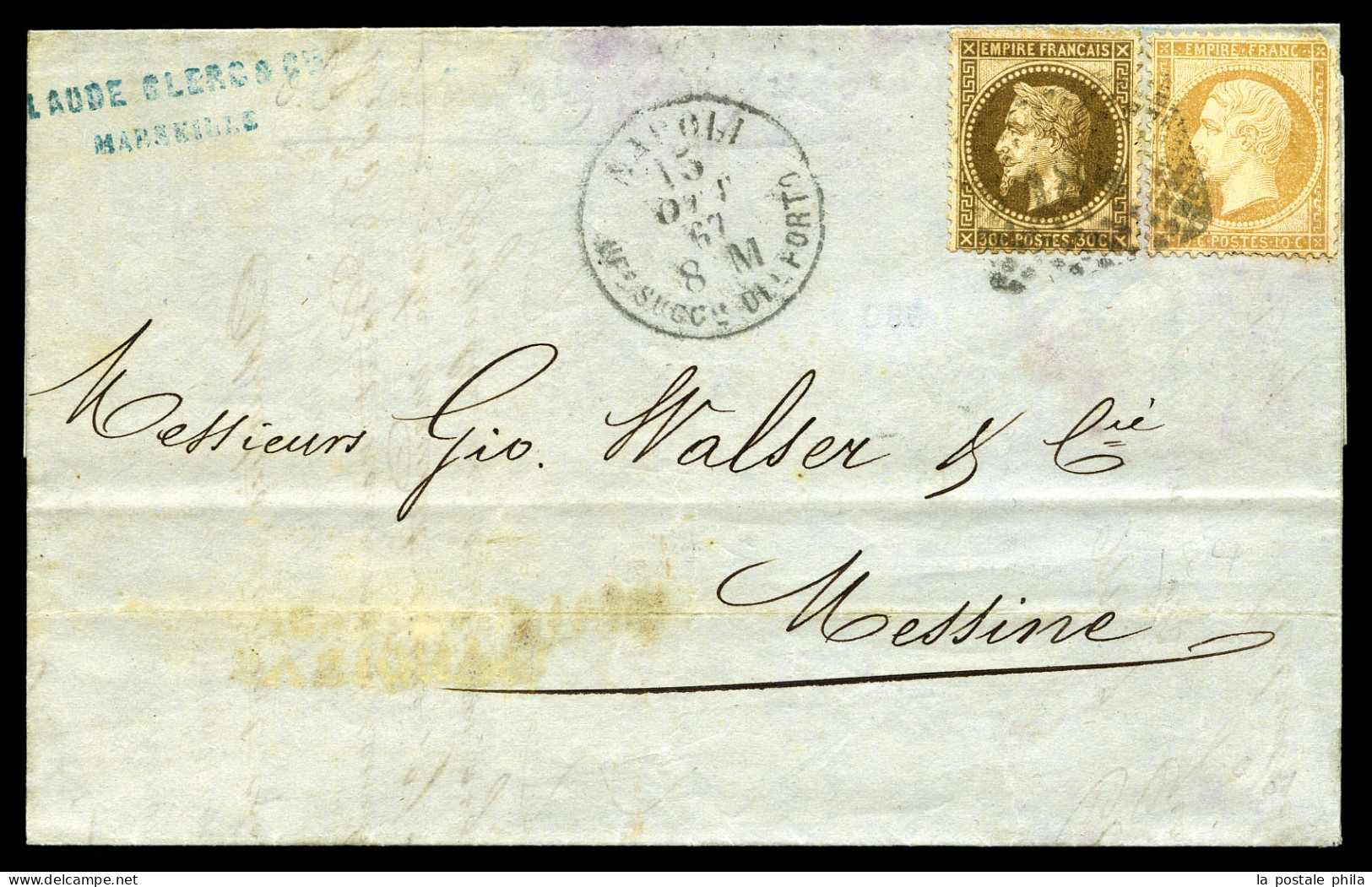 O 1867, 10c Dentelé + 30c Lauré Obl Rectangle De Points 184 De NAPLES, Càd Napoli/Uf° Succle Del Porto. TB. R.R. (certif - 1849-1876: Période Classique