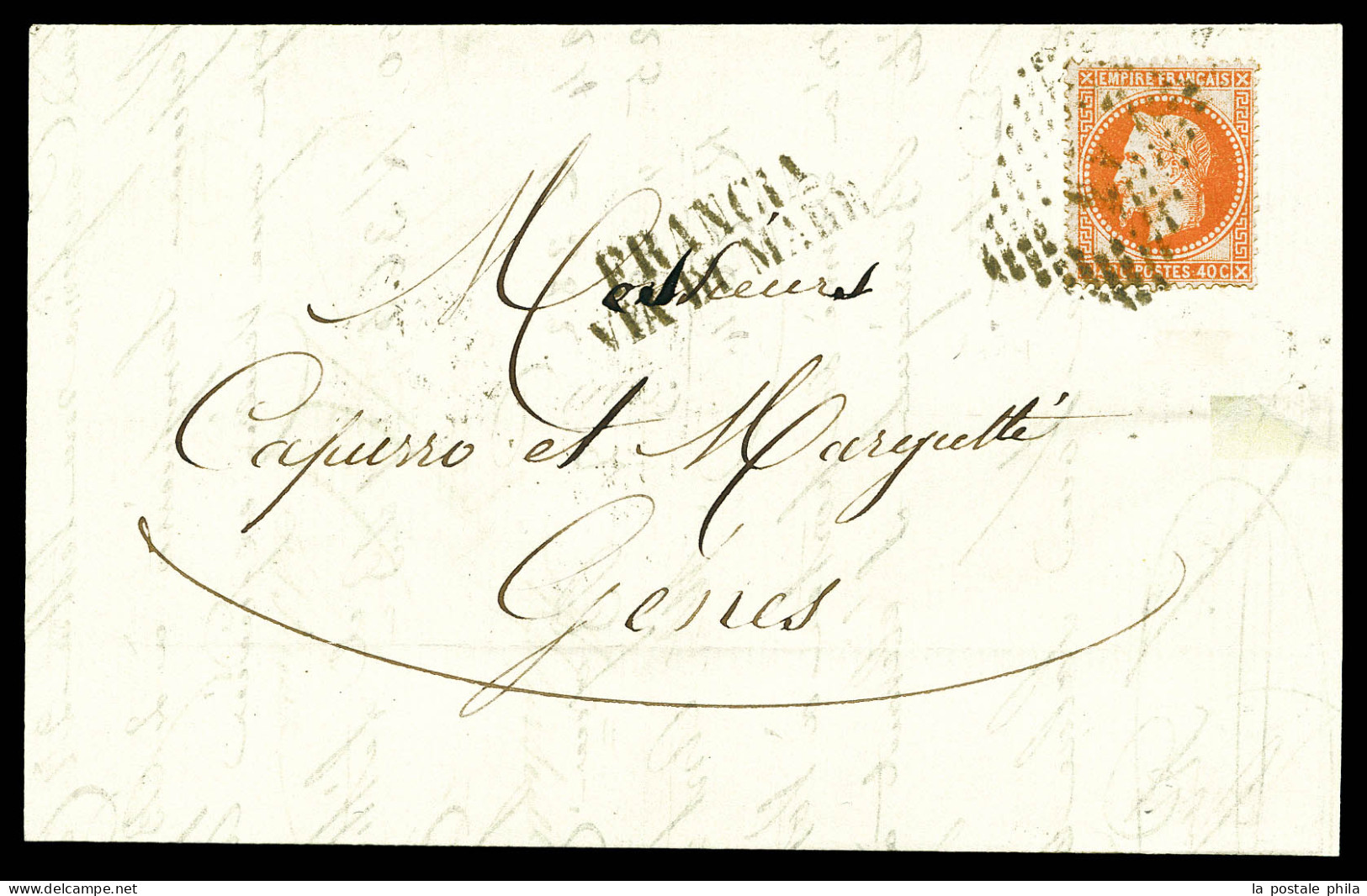 O N°31, 1870, 40c EMPIRE LAURE Obl Chiffre 13 Italien De GENOVA + Griffe FRANCIA VIA DI MARE Sur Lettre De Marseille Pou - 1849-1876: Classic Period