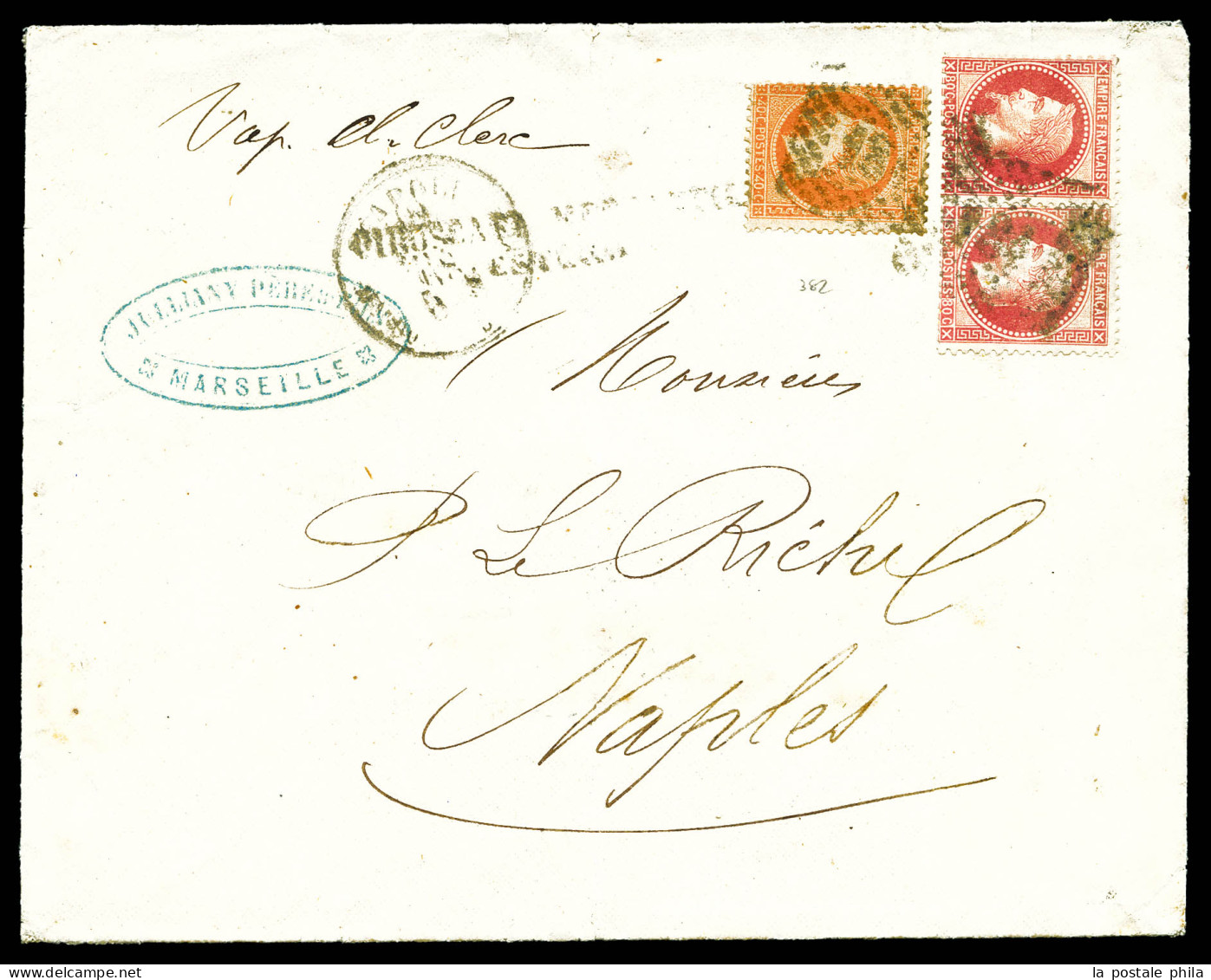 O 40c Empire Lauré + N°32 80c Rose PAIRE Obl GC Italien 184 à L'arrivée Sur Enveloppe De Marseille, Càd NAPOLI 12.5.68,  - 1849-1876: Classic Period