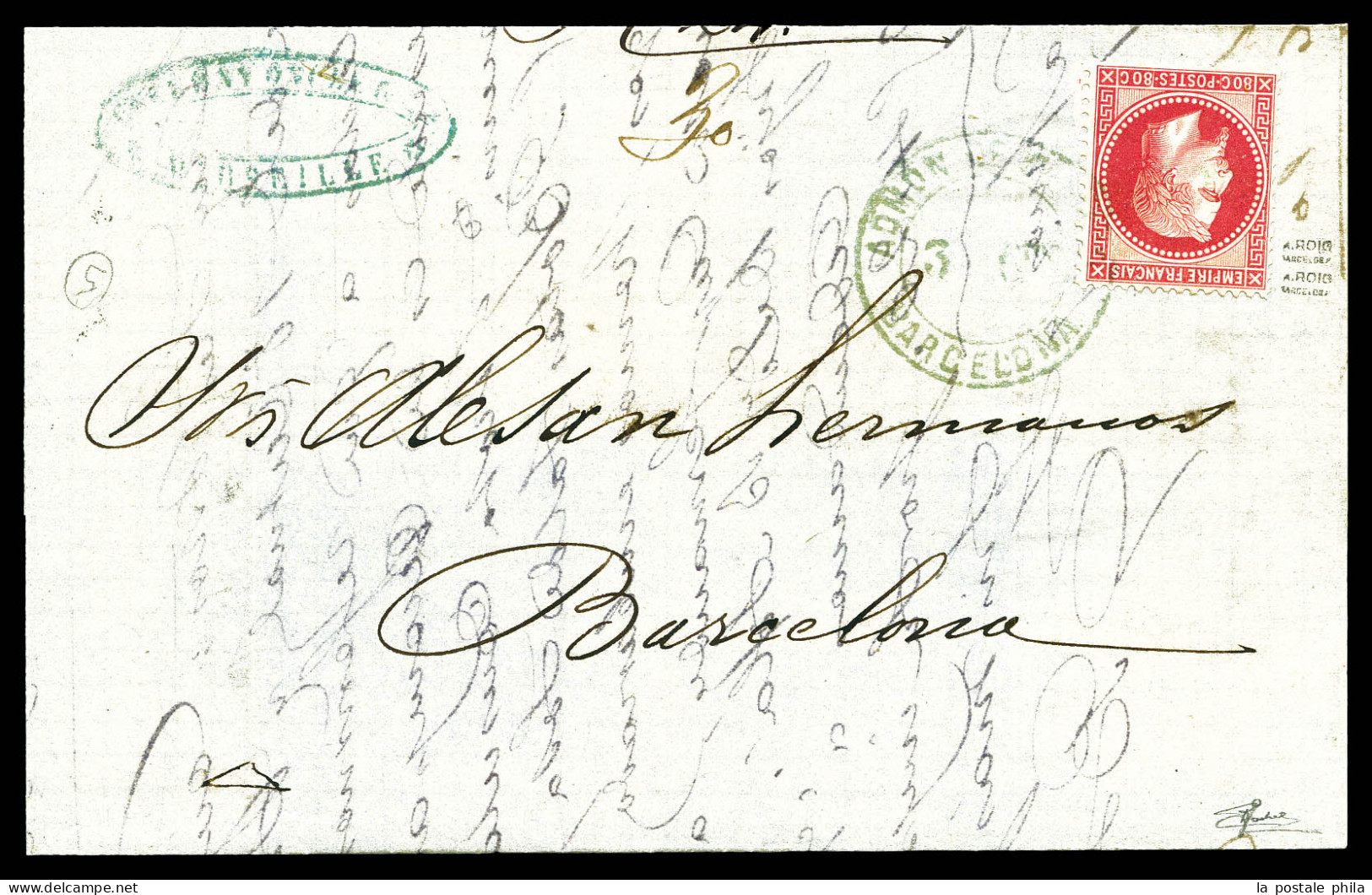 O N°32, 1869, 80c Lauré Obl Cachet Bleu Rond ADMON DE CAMBIO BARCELONA Sur Lettre Double Port, TRES RARE SUR CETTE VALEU - 1849-1876: Classic Period