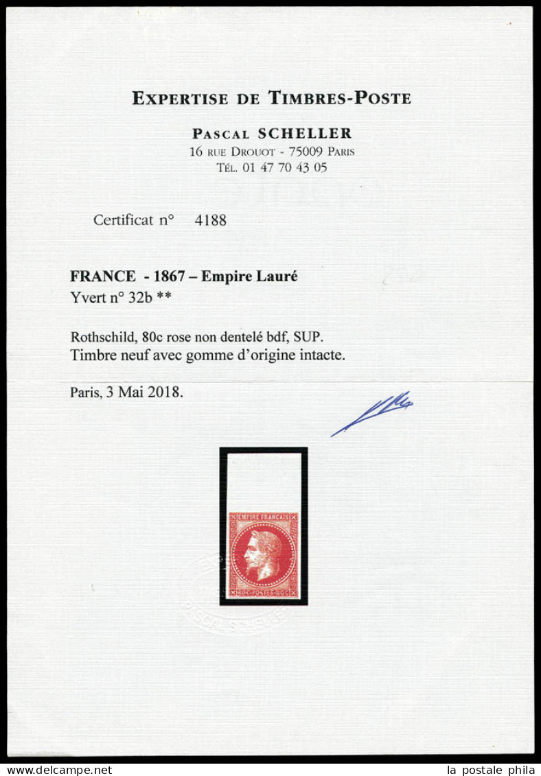 ** N°32b, Rothschild, 80c Rose Non Dentelé, Bord De Feuille, SUP (certificats)  Qualité: ** - 1863-1870 Napoléon III. Laure