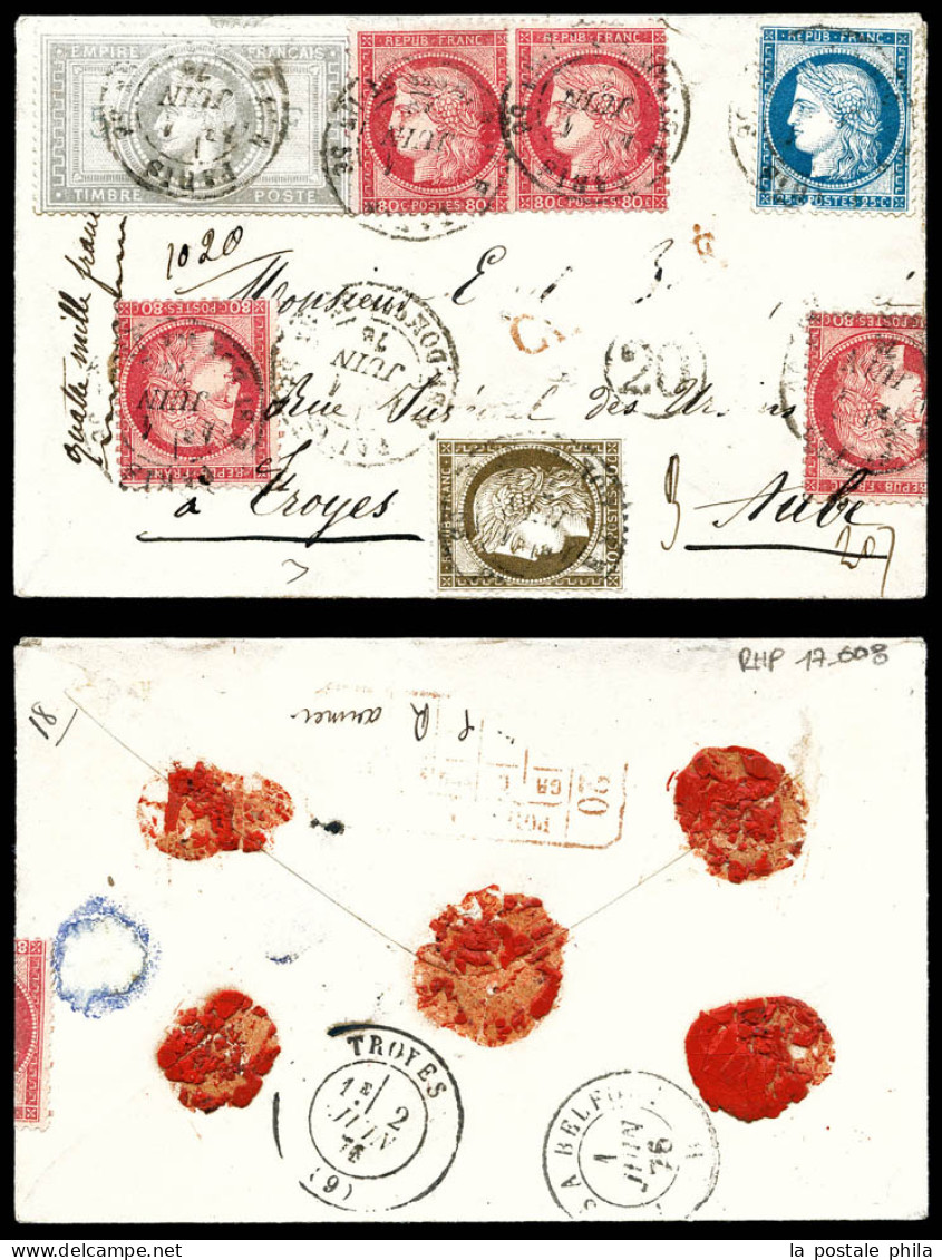 O Lettre Chargée (descriptif Au Verso) Affranchie Des Timbres N°33 + 56 +57 (4) (1ex Pli) +60, Oblitérés Cachet à Date ' - 1849-1876: Classic Period