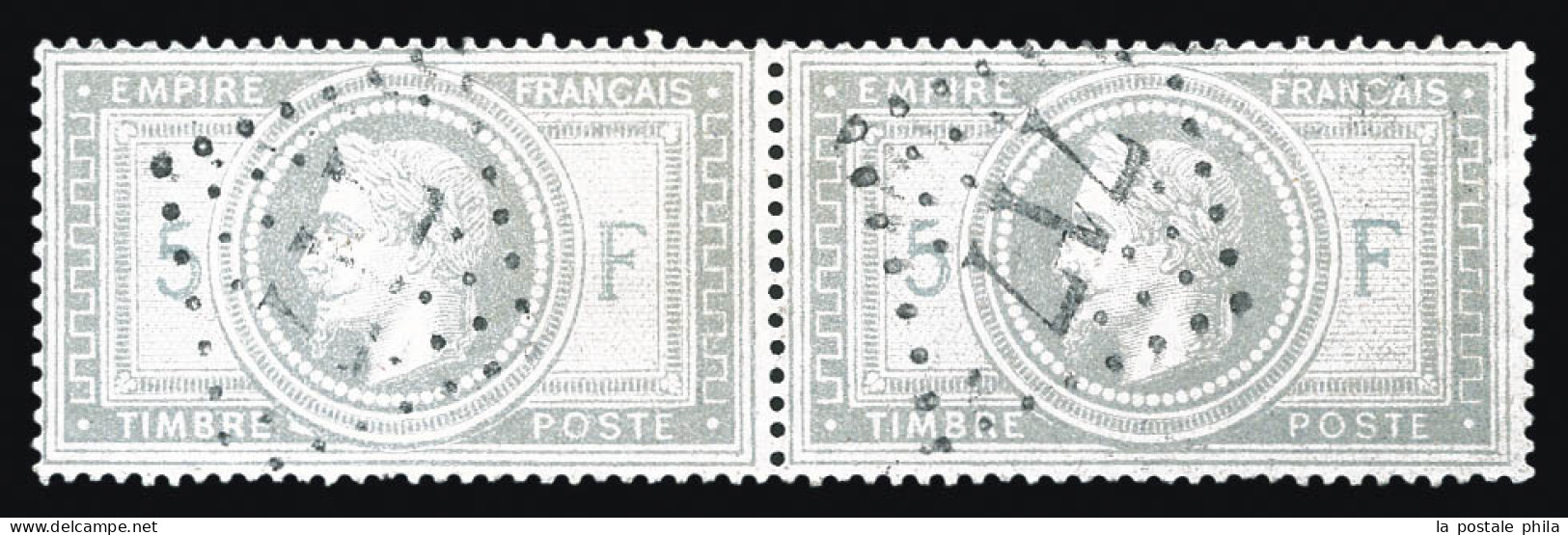 O N°33b, 5F Empire Violet Gris Avec '5' Et 'F' En Bleu En Paire Obl GC '717'. SUP. R.R. (signé Calves/certificat)  Quali - 1863-1870 Napoléon III Lauré