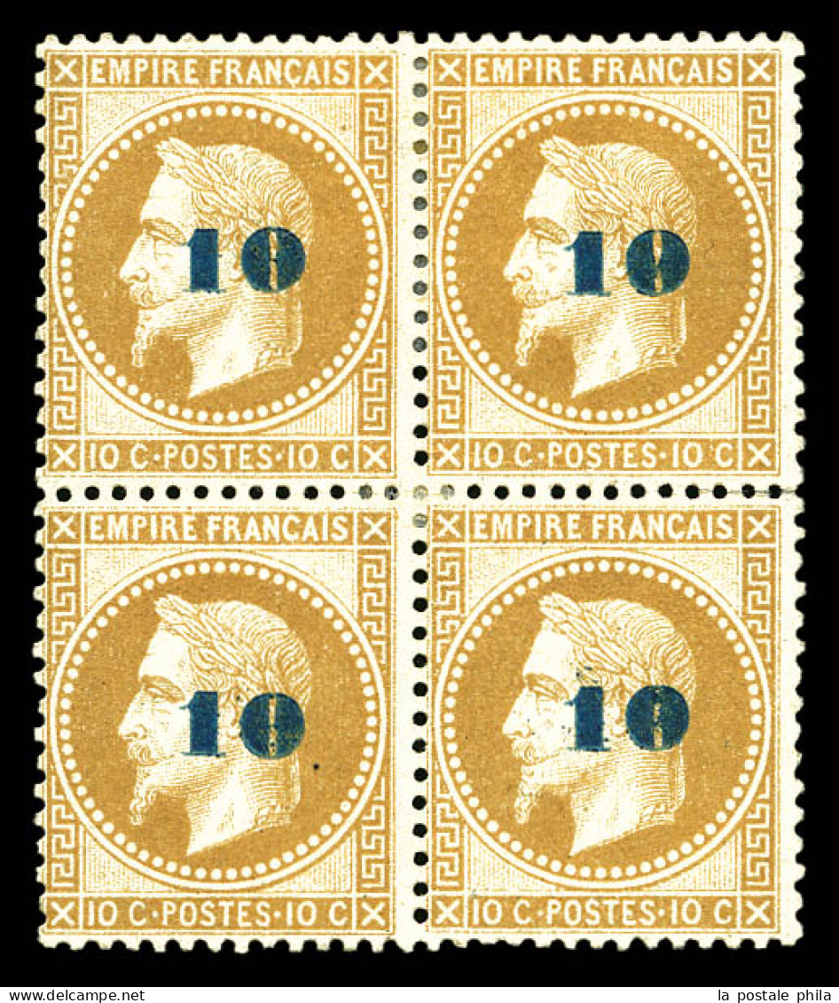 * N°34, Non émis, 10c Sur 10c Bistre En Bloc De Quatre, Grande Fraîcheur. SUPERBE. R.R.R, (signé Brun/certificat)  Quali - 1863-1870 Napoléon III Lauré