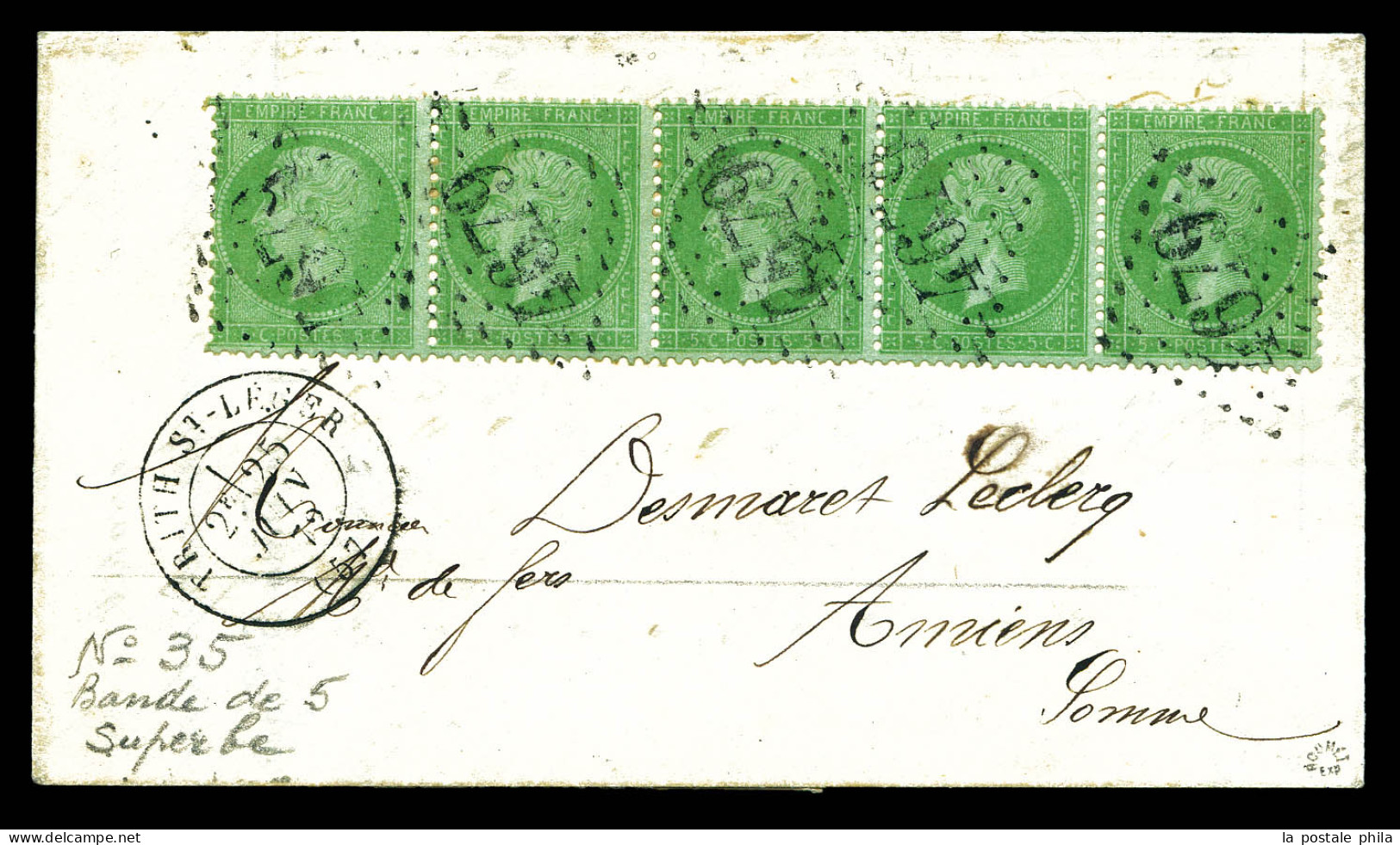 O N°35, 5c Vert-pâle Sur Bleu, Bande De 5 Obl GC 4679 + Càd Type 17 De TRITH-ST-LEGER Sur Lettre Du 25 Janv 1872 Pour AM - 1849-1876: Classic Period