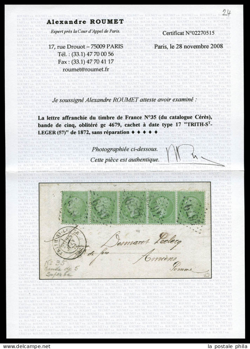 O N°35, 5c Vert-pâle Sur Bleu, Bande De 5 Obl GC 4679 + Càd Type 17 De TRITH-ST-LEGER Sur Lettre Du 25 Janv 1872 Pour AM - 1849-1876: Classic Period