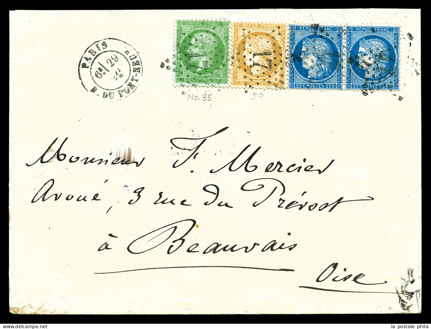 O 5c Vert-pâle Sur Bleu, 15c Et Paire Du 25c Cèrès Dentelé (N°35 + 59 + Paire 60) Obl étoile '17' Sur Lettre De PARIS Le - 1849-1876: Classic Period