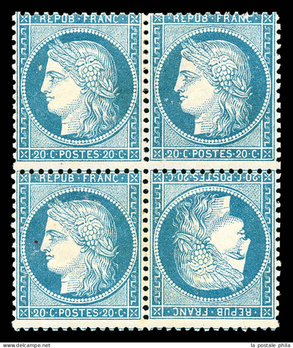 * N°37d, 20c Bleu Sur Papier Jaunâtre: Tête-bêche Tenant à Normaux Dans Un Bloc De Quatre, Jolie Pièce, RARE (signé Brun - 1870 Siège De Paris