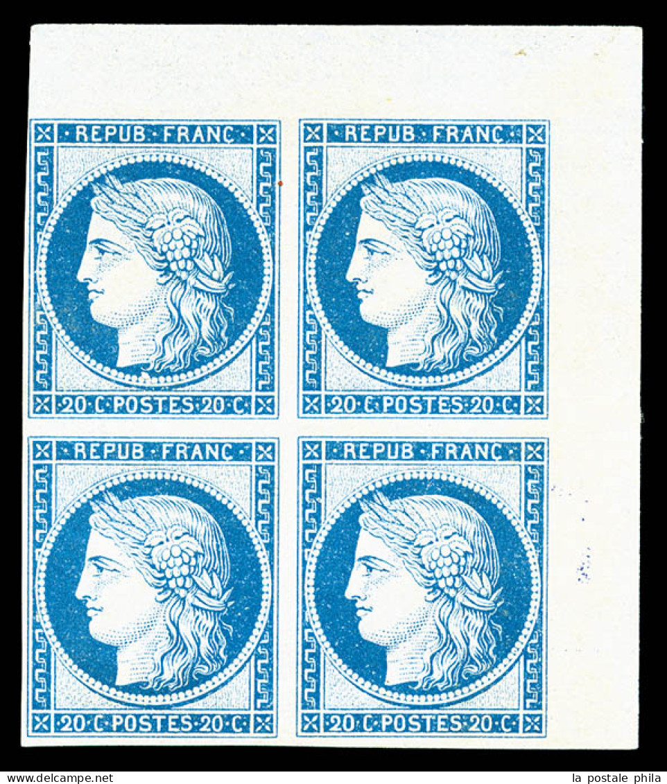 * N°37f, 20c Bleu IMPRESSION DE GRANET Non Dentelé En Bloc De Quatre Coin De Feuille, SUPERBE (certificat)  Qualité: * - 1870 Assedio Di Parigi